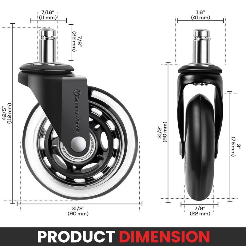 Gamma Wheels Gamma Office Chair Wheels Black, Pack of 5, 7/16 x 7/8 Inch – Heavy Duty Chair Wheels Replacement for Scratch-Free, Smooth & Silent Rolling – Suitable for Floors & Carpet - Image 2